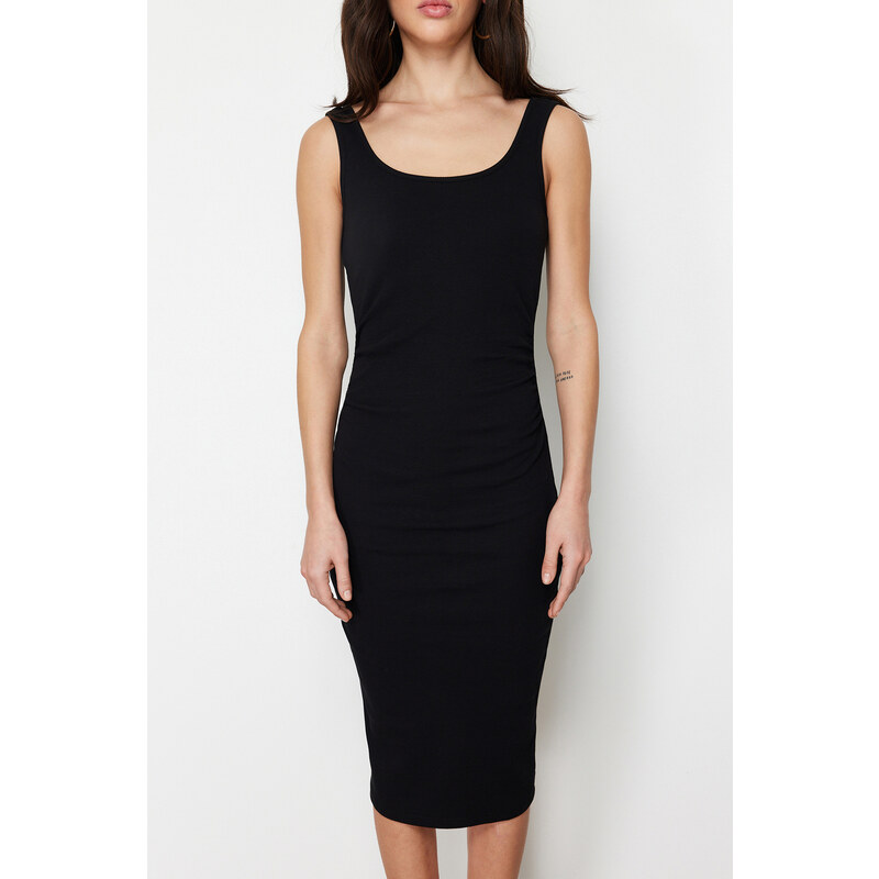 Trendyol Black Pool Neckline Decollete Gathered Bodycone/Capable Elastic Knitted Midi Dress