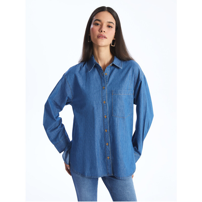 LC Waikiki Women's Straight Long Sleeve Oversized Jean Shirt