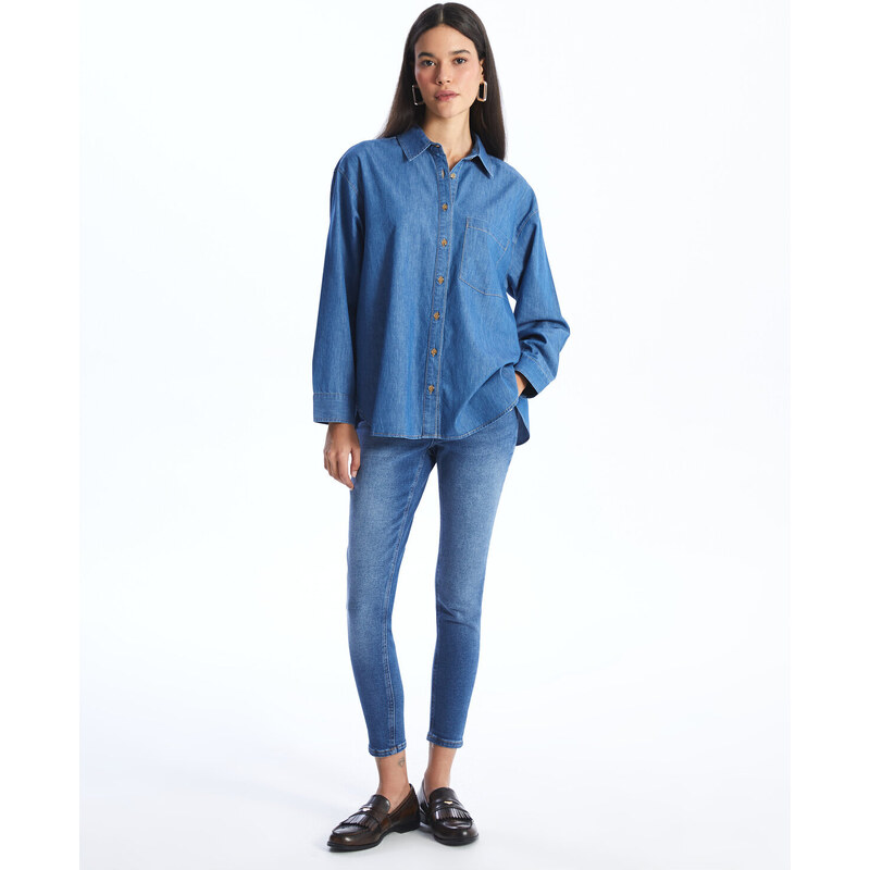 LC Waikiki Women's Straight Long Sleeve Oversized Jean Shirt