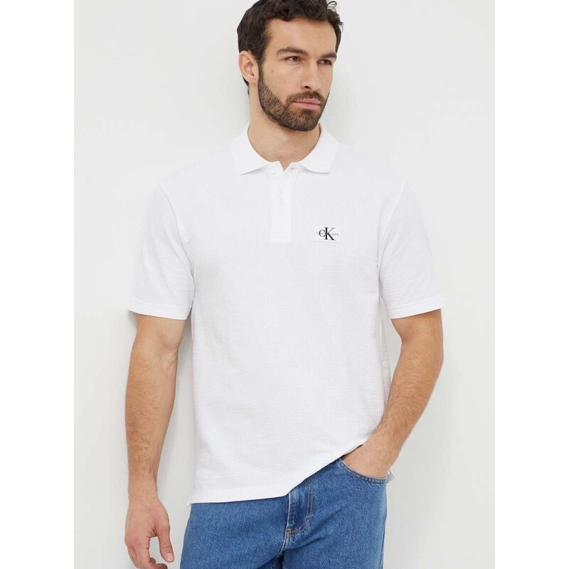 Polo tričko Calvin Klein Jeans bílá barva, s aplikací