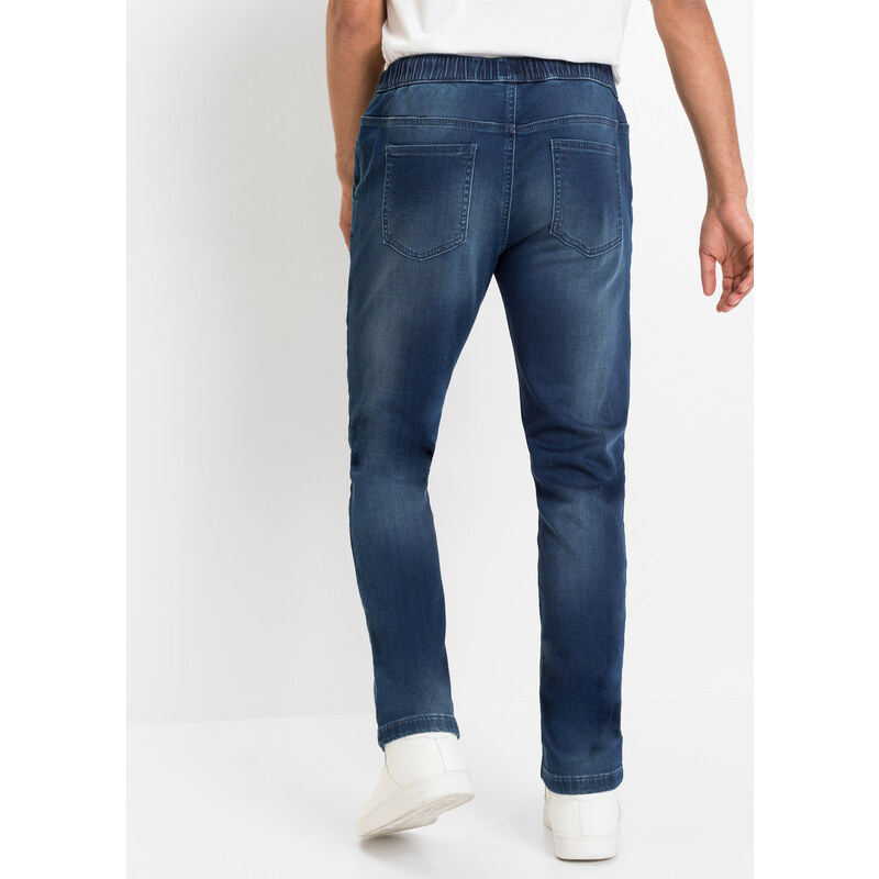 bonprix Slim Fit teplákové džíny, Straight Modrá