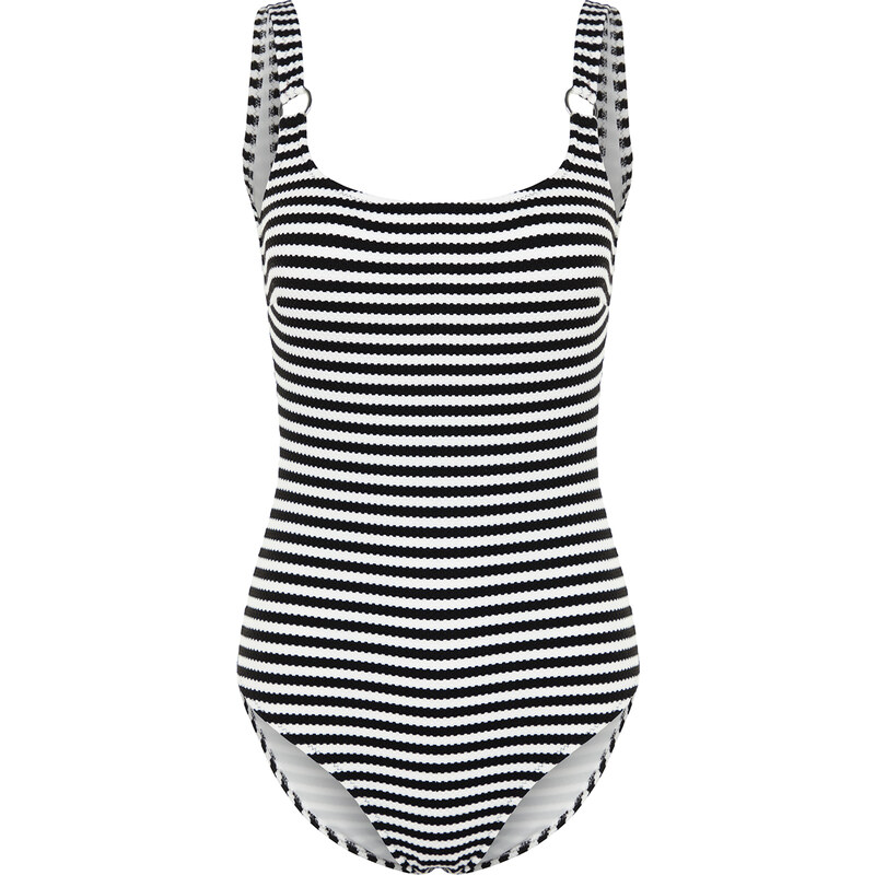 Trendyol Black-White Striped Square Collar Textured Regular Swimsuit with Accessories