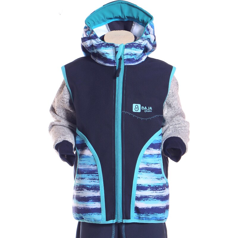 BajaDesign softshellová vesta pro chlapečky s kapucou, tm. modrá + modré pruhy