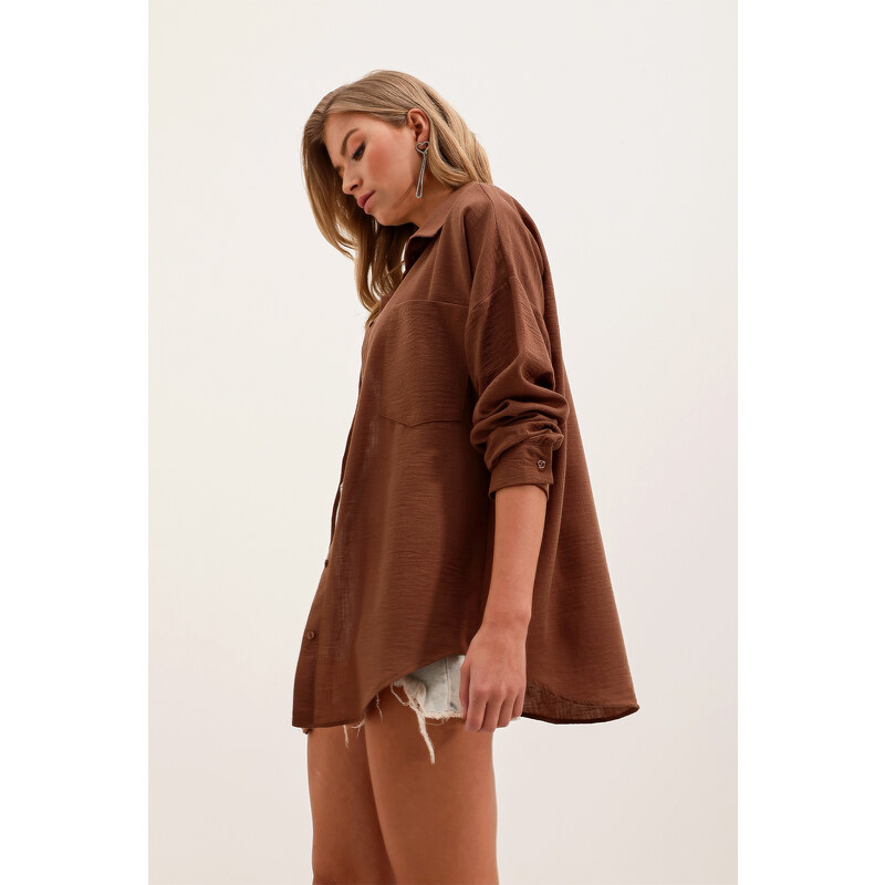 Bigdart 20153 Single Pocket Oversize Linen Shirt - Brown