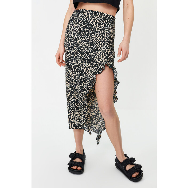 Trendyol Black Leopard Patterned Slit Flounce Ribbed Stretch Midi Knitted Skirt