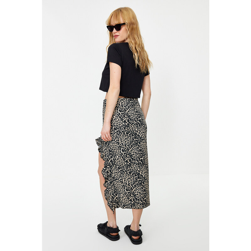 Trendyol Black Leopard Patterned Slit Flounce Ribbed Stretch Midi Knitted Skirt