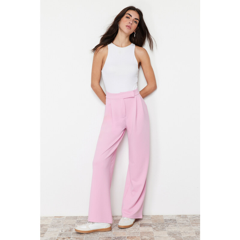 Trendyol Pink Belt Velcro High Waist Pleated Wide Leg Knitted Trousers