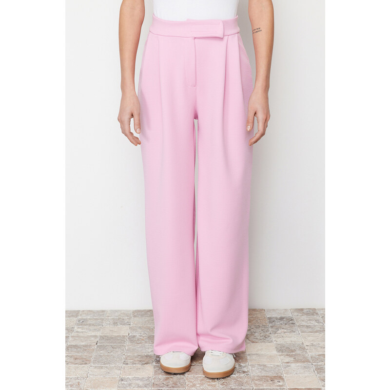 Trendyol Pink Belt Velcro High Waist Pleated Wide Leg Knitted Trousers