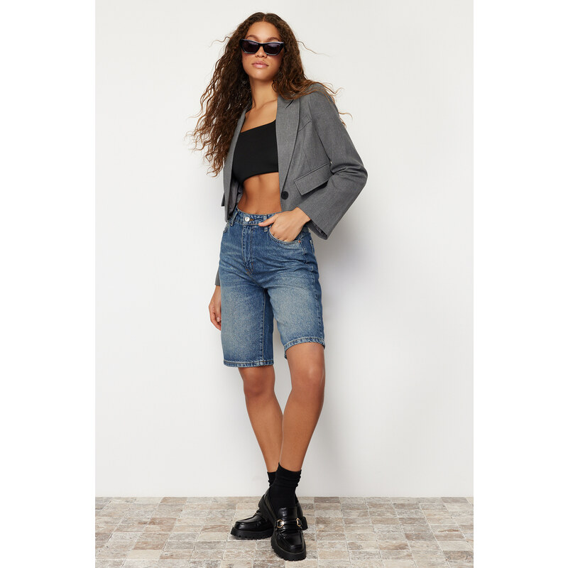 Trendyol Blue High Waist Denim Shorts & Bermuda