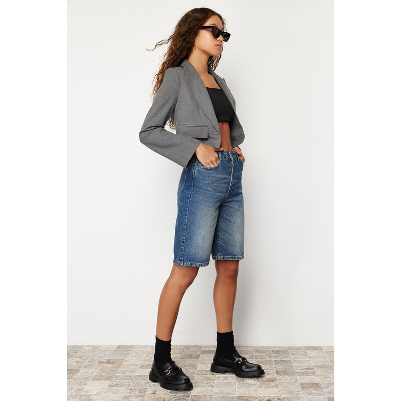 Trendyol Blue High Waist Denim Shorts & Bermuda