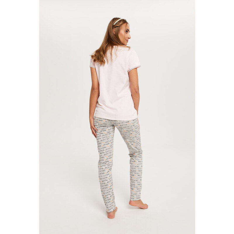 Italian Fashion Dámské pyžamo Karla, krátký rukáv, dlouhé nohavice - lososově růžová/potisk