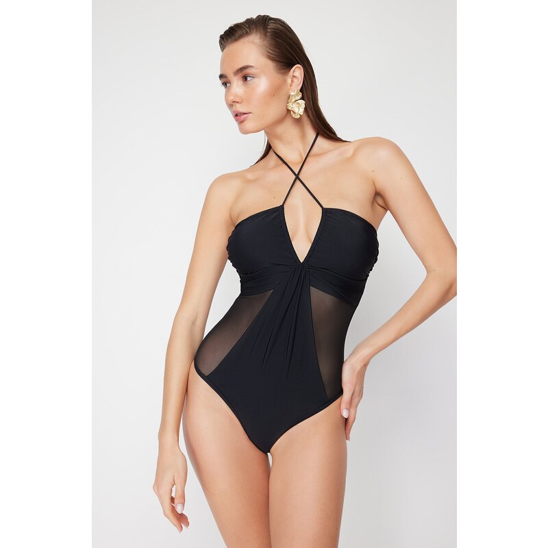 Trendyol Black Strapless Mesh Detailed High Leg Regular Swimsuit