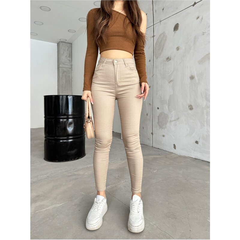 BİKELİFE Dámské béžové kalhoty s vysokým pasem po kotníky Slim Leg Skinny Lycra