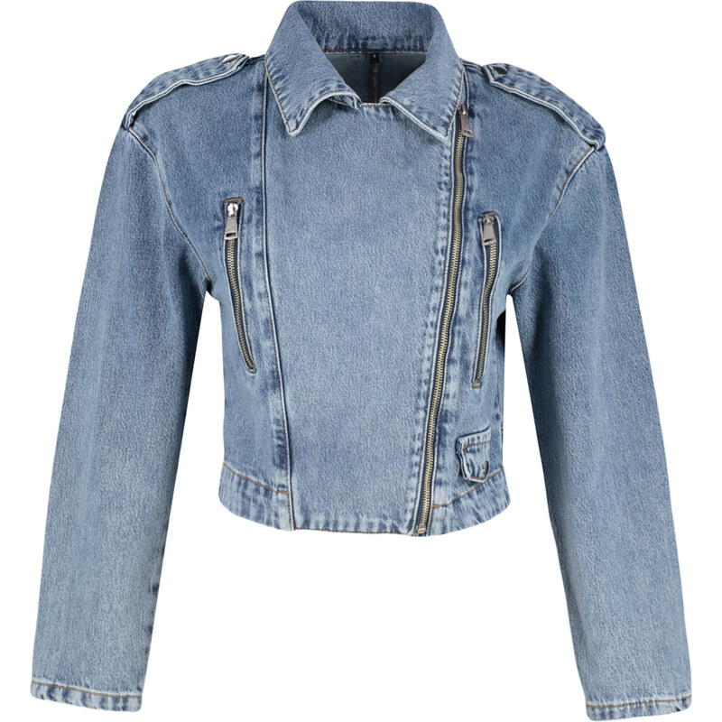 Trendyol Dark Blue Zipper Detailed Biker Denim Jacket