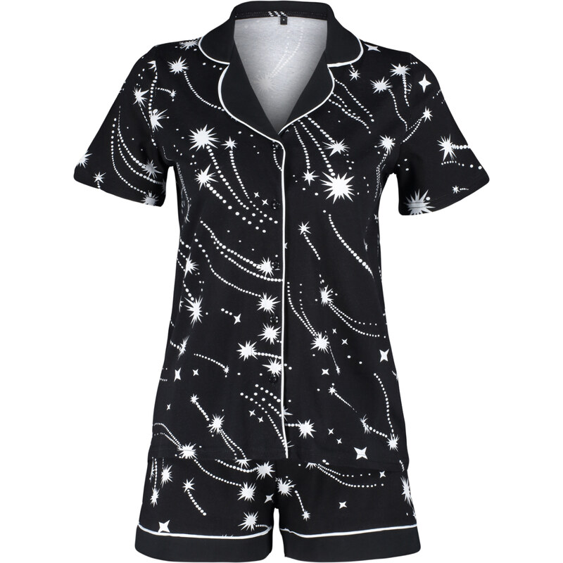 Trendyol Black 100% Cotton Galaxy Patterned Knitted Pajamas Set with Piping Detail