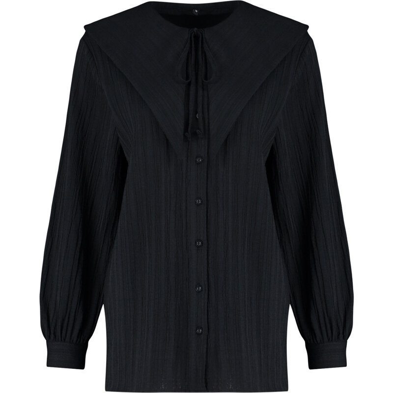 Trendyol Black Big Collar Crinkle Woven Shirt