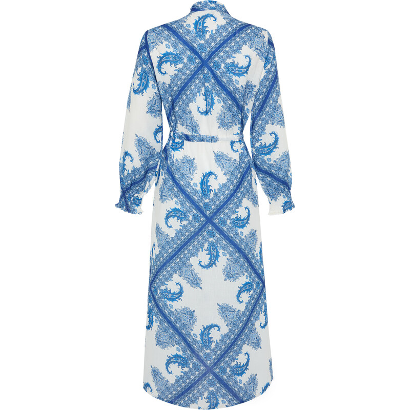 Trendyol Blue Shawl Pattern Asymmetric Skirt Detailed Tied Woven Dress