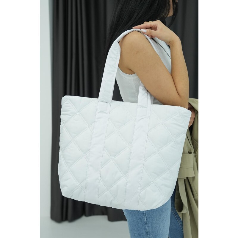 Madamra White Women's Quilted Pattern Puffy Bag