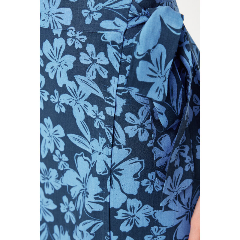 Trendyol Blue Floral Patterned Midi Woven Skirt