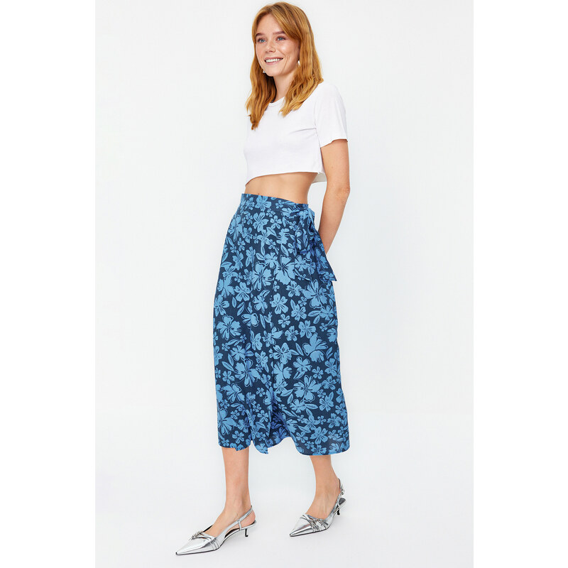 Trendyol Blue Floral Patterned Midi Woven Skirt