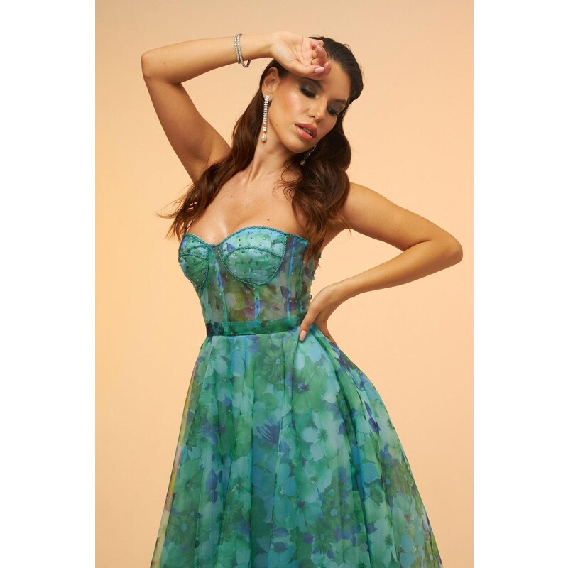 Carmen Green Impregnation Strapless Midi Evening Dress