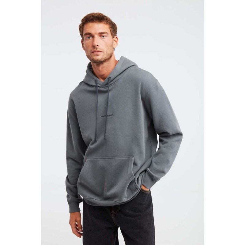 GRIMELANGE Epic Men's Soft Fabric Hooded Drawstring Regular Fit Embroidered Light Gray Sweatshirt