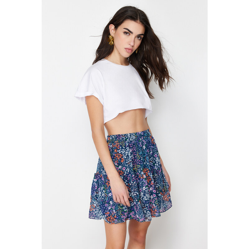 Trendyol Navy Blue Lined Flounce Chiffon Floral Pattern Mini Woven Skirt