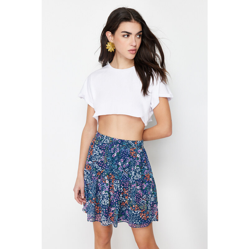 Trendyol Navy Blue Lined Flounce Chiffon Floral Pattern Mini Woven Skirt