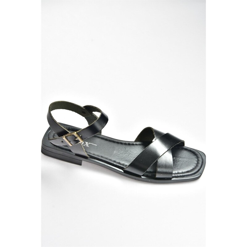 Fox Shoes Women's Black Genuine Leather Cross-Blade Daily Sandals
