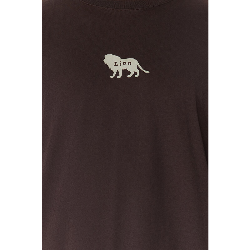 Trendyol Dark Brown Oversize Animal Embroidery Printed 100% Cotton T-Shirt