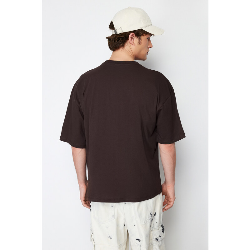 Trendyol Dark Brown Oversize Animal Embroidery Printed 100% Cotton T-Shirt