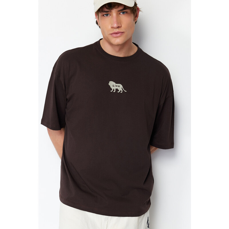 Trendyol Dark Brown Oversize Animal Embroidery Printed 100% Cotton T-Shirt