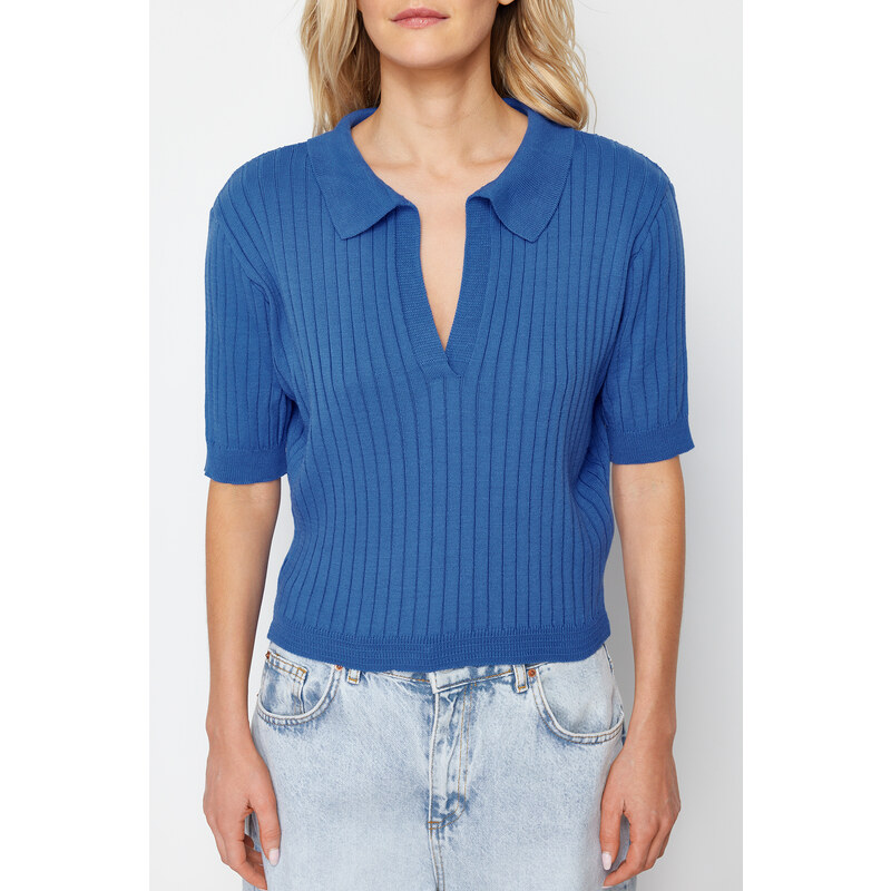 Trendyol Blue Crop Basic Knitwear T-Shirt