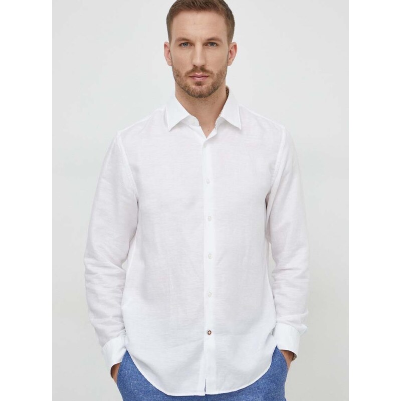 Lněná košile BOSS bílá barva, regular, s klasickým límcem