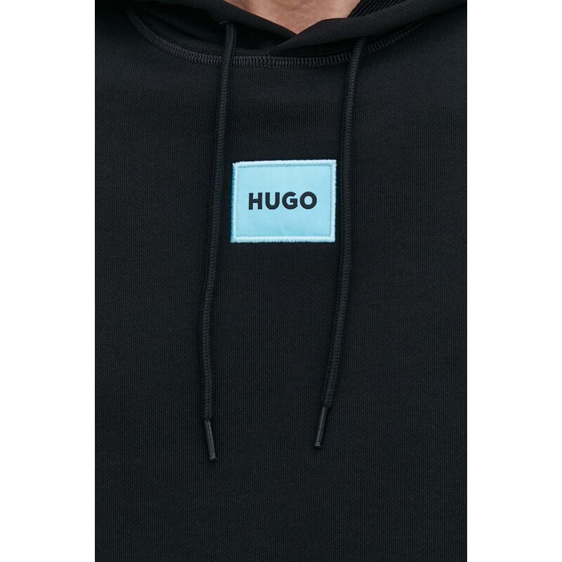 Bavlněná mikina HUGO pánská, černá barva, s kapucí, s aplikací