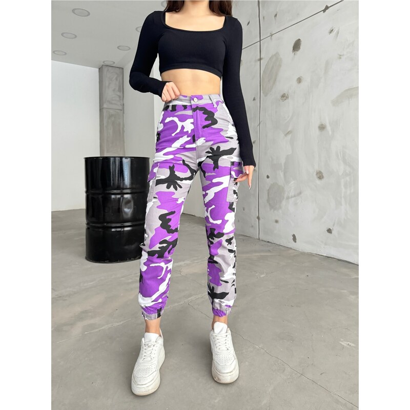 BİKELİFE Lilac Camouflage Pattern Cargo Pocket Gabardine Trousers.