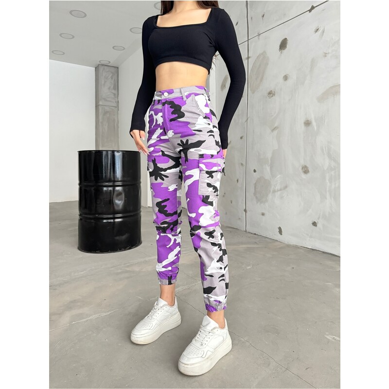 BİKELİFE Lilac Camouflage Pattern Cargo Pocket Gabardine Trousers.