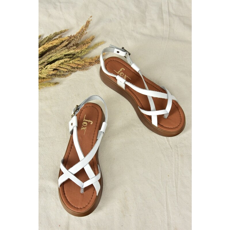 Fox Shoes White Genuine Leather Women's Flip-Flops Sandals