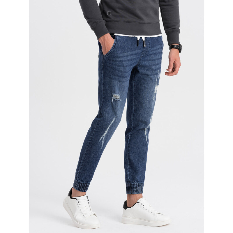 Ombre Clothing Pánské džínové kalhoty JOGGERS s odřením - modré V3 OM-PADJ-0150