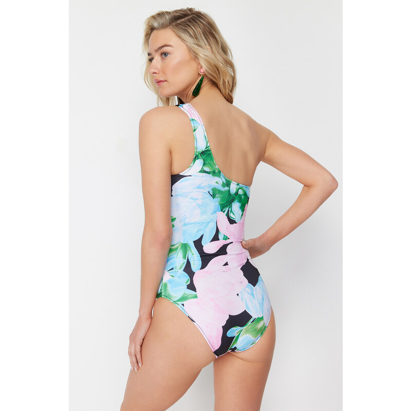 Trendyol Floral Patterned Single Shoulder Draped Regular Swimsuit