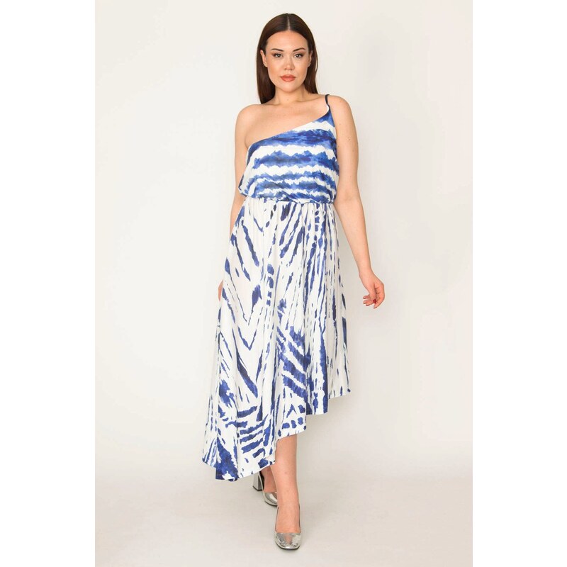 Şans Women's Plus Size Saks One-Shoulder Tie-Down Waist Pleated Skirt With Moving Tie-Dye Patterned Dress.