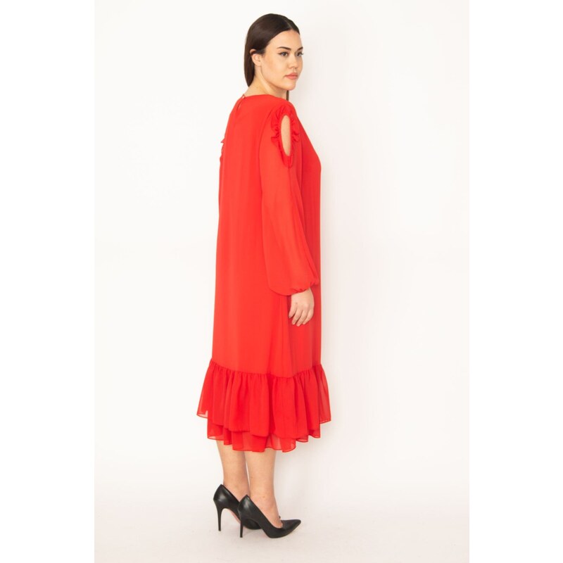 Şans Women's Plus Size Red Off the Shoulder Decollete Hem Flounce Lined Chiffon Long Dress