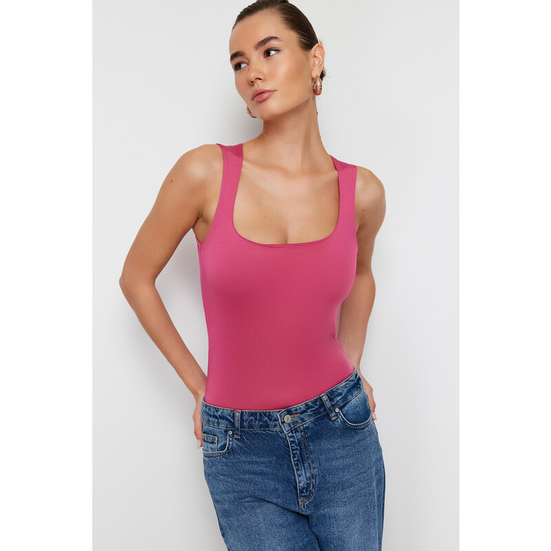 Trendyol Pink Fitted Square Neck Snap Snap Elastic Knitted Bodysuit