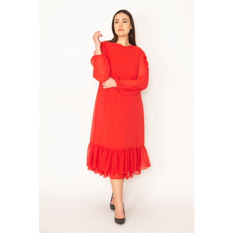 Şans Women's Plus Size Red Off the Shoulder Decollete Hem Flounce Lined Chiffon Long Dress