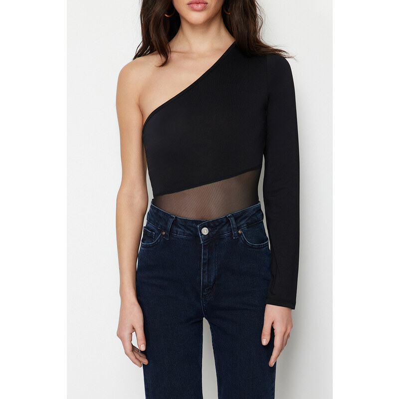 Trendyol Black Tulle Detailed Asymmetric Collar Stretchy Snap Knitted Body