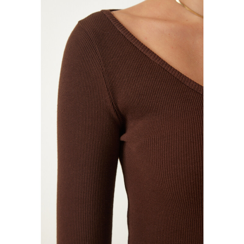 Happiness İstanbul Women's Dark Brown Biscuit V-Neck 2-Pack Knitted Blouse