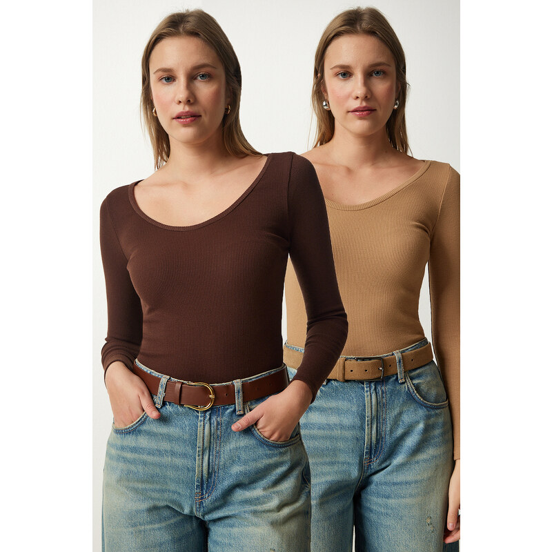 Happiness İstanbul Women's Dark Brown Biscuit V-Neck 2-Pack Knitted Blouse