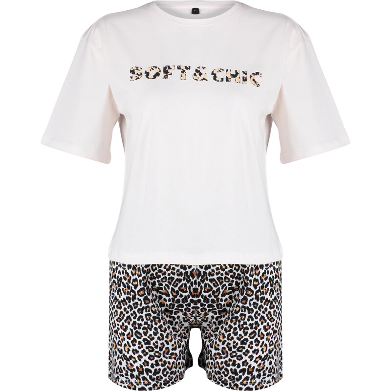 Trendyol White-Multi Color 100% Cotton Leopard Pattern Knitted Pajamas Set