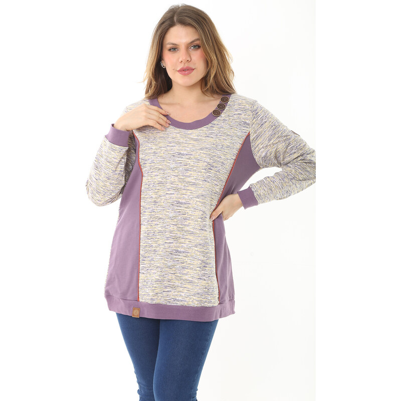 Şans Women's Plus Size Purple Sweatshirt with Ornamental Buttons And Cups
