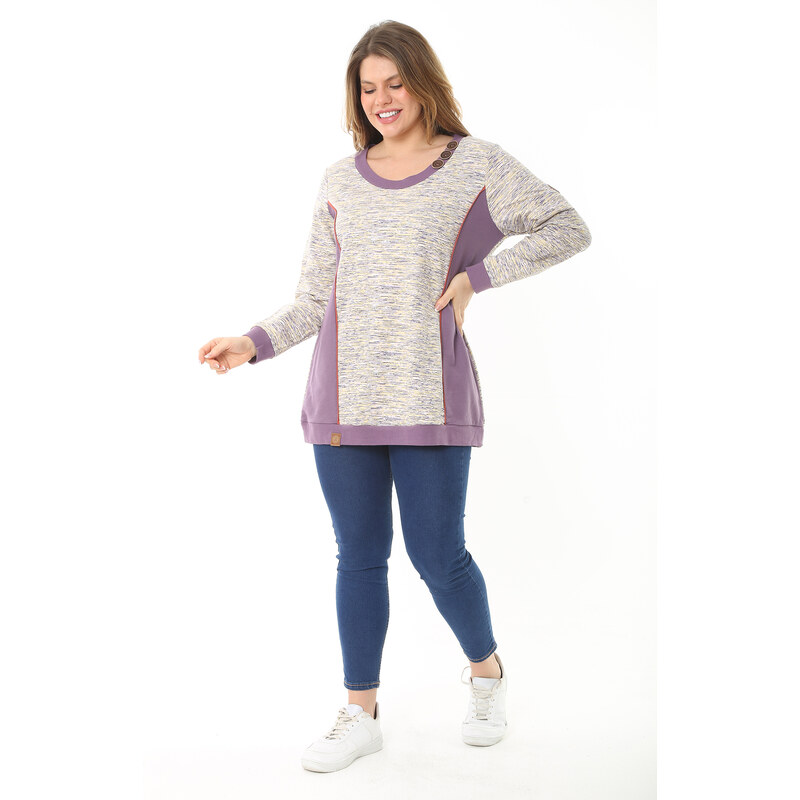 Şans Women's Plus Size Purple Sweatshirt with Ornamental Buttons And Cups
